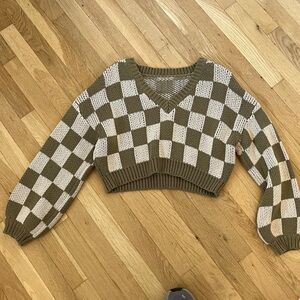 Green/Cream Checkered Chunky Cropped Sweater